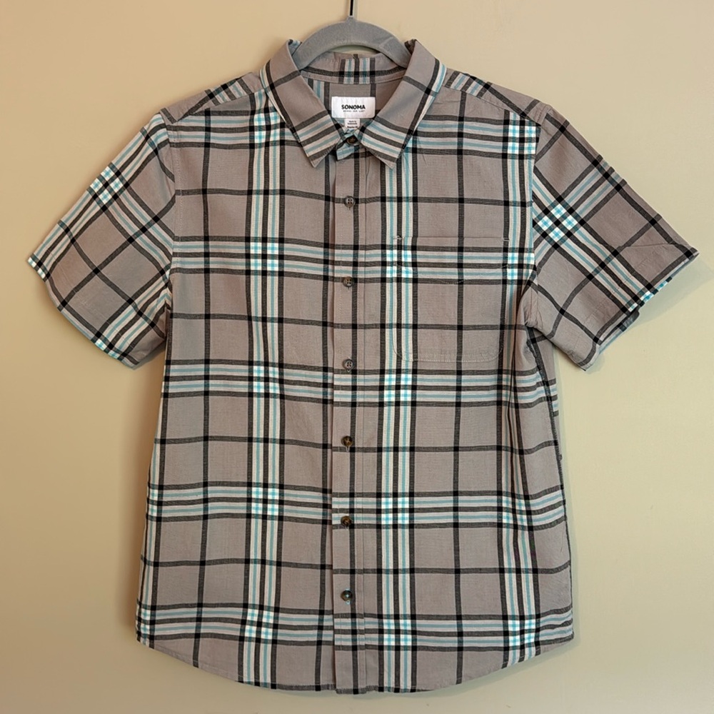 Sonoma Goods For Life Boys Short Sleeve Woven Poplin Button-Down Plaid Shirt, XL